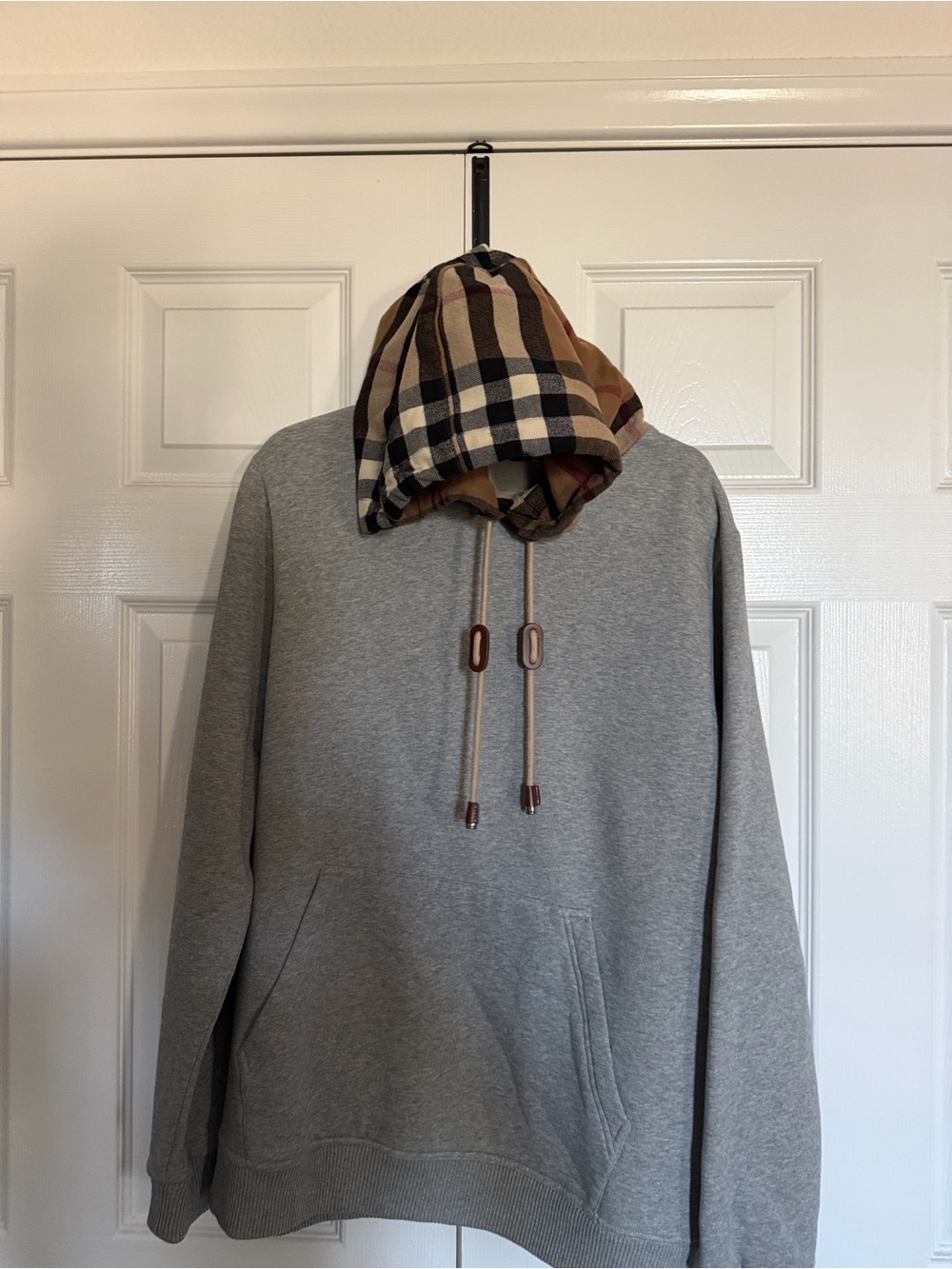 Burberry Gray Pullover Hoodie with Signature Check Lined Hood